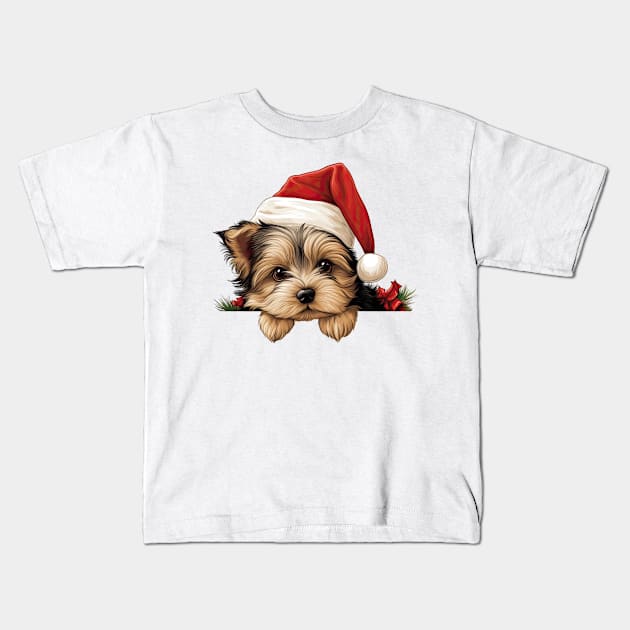 Christmas Peeking Yorkshire Terrier Dog Kids T-Shirt by Chromatic Fusion Studio